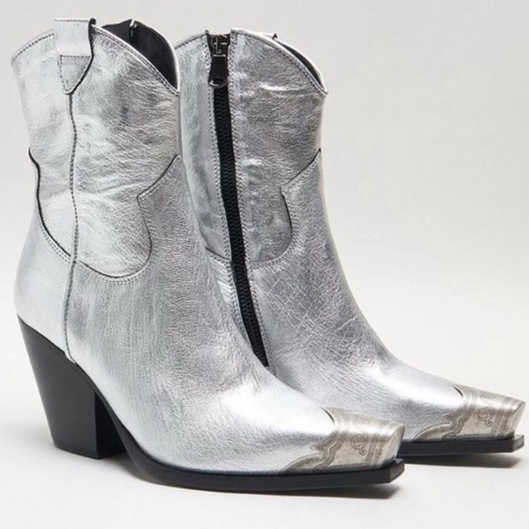 Free People Brayden Metallic Leather Metal Toe Western Cowboy Boots Booties 8.5 - Picture 8 of 16